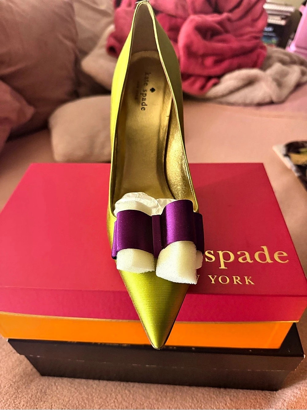 Kate Spade Pointed-Toe Bow Heels in Green & Purple